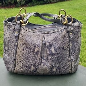 Coach Light Grey/Beige Python Embossed Leather Shoulder Tote Bag